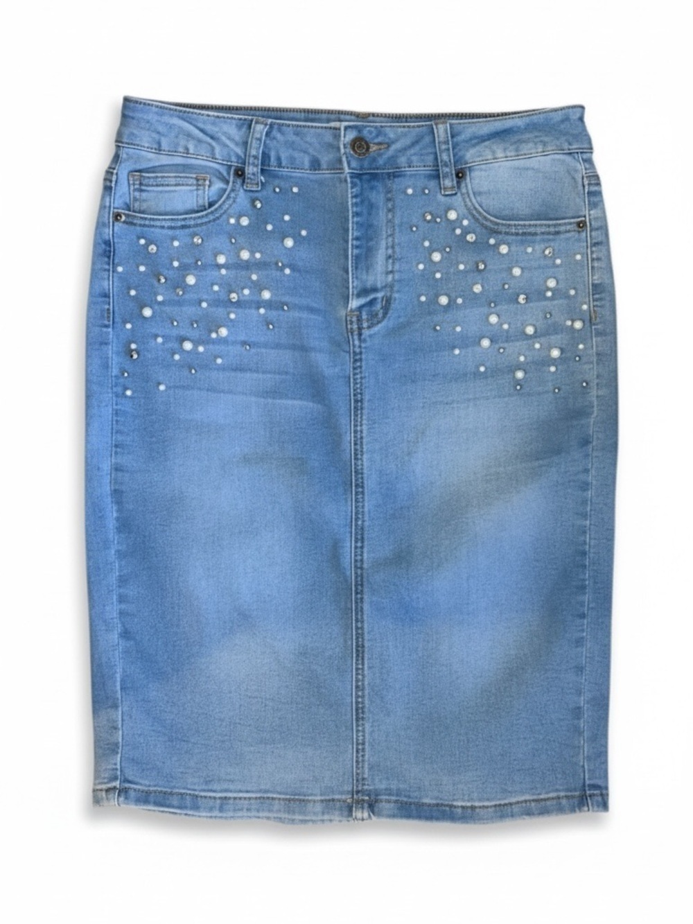 Satin Doll Embellished Denim Midi Skirt Pearl Rhinestone Medium